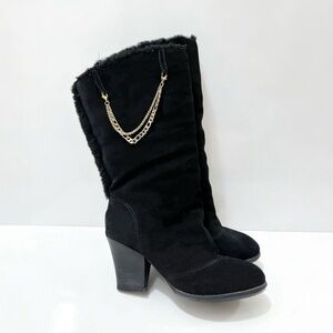 Melani Women’s Black Suede Mid-Calf Boots, Block Heel, Fur Lined, Gold Chain 37